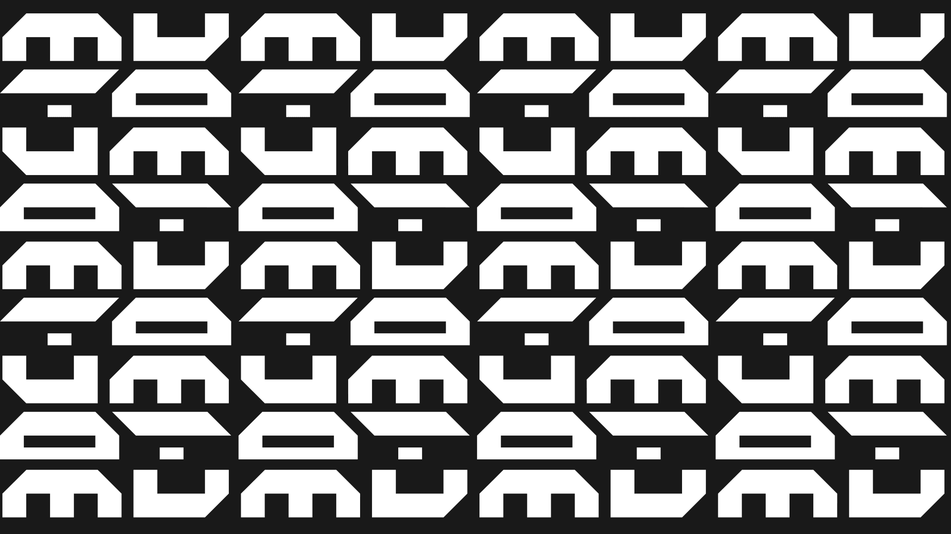 the 4MAT letterforms tessellated edge to edge into a repeating pattern, white on near black, alternating direction row by row