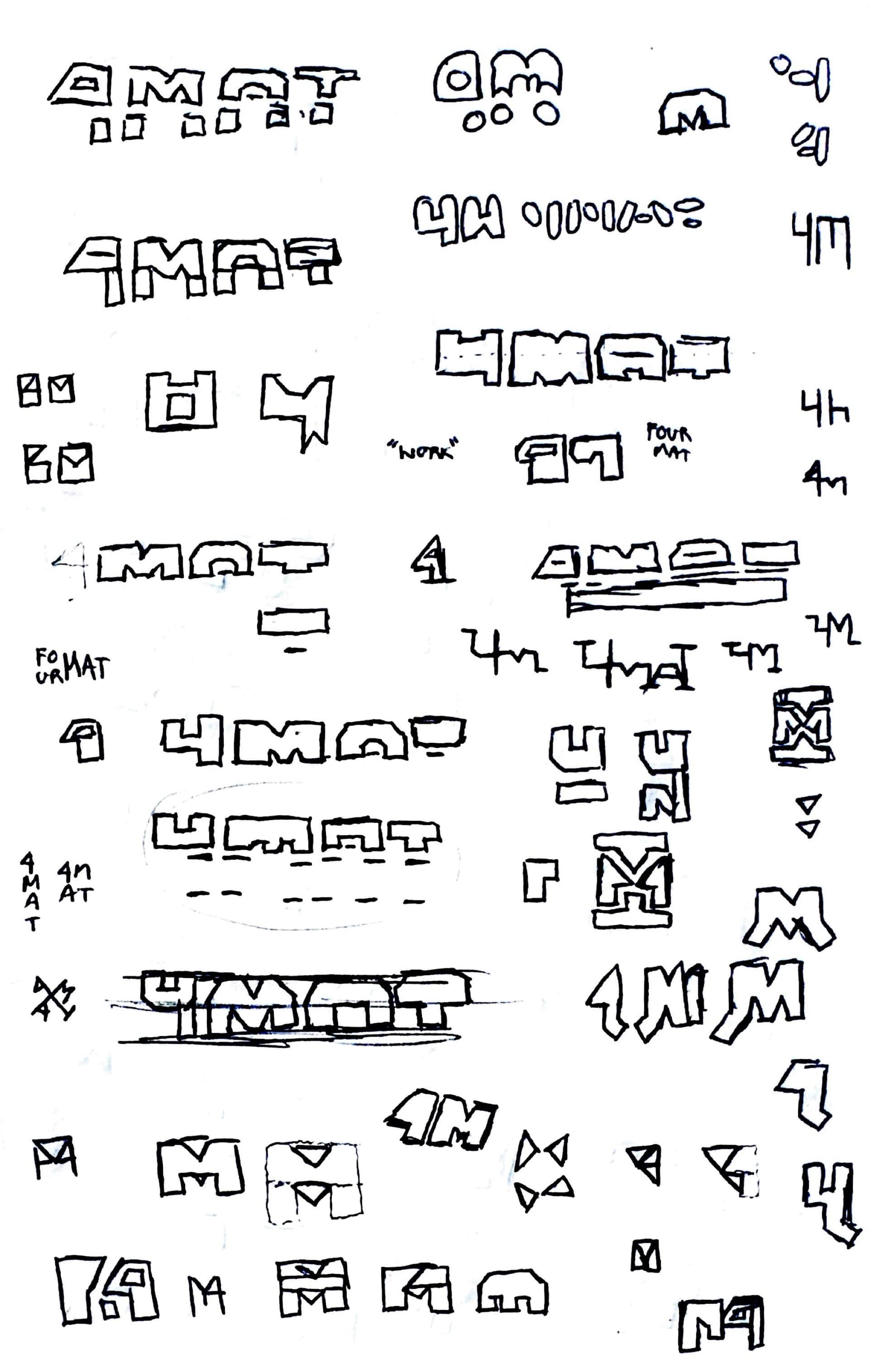 a sketchbook page of hand-drawn 4MAT logotype studies, annotated with FOUR MAT, FO/UR MAT and work