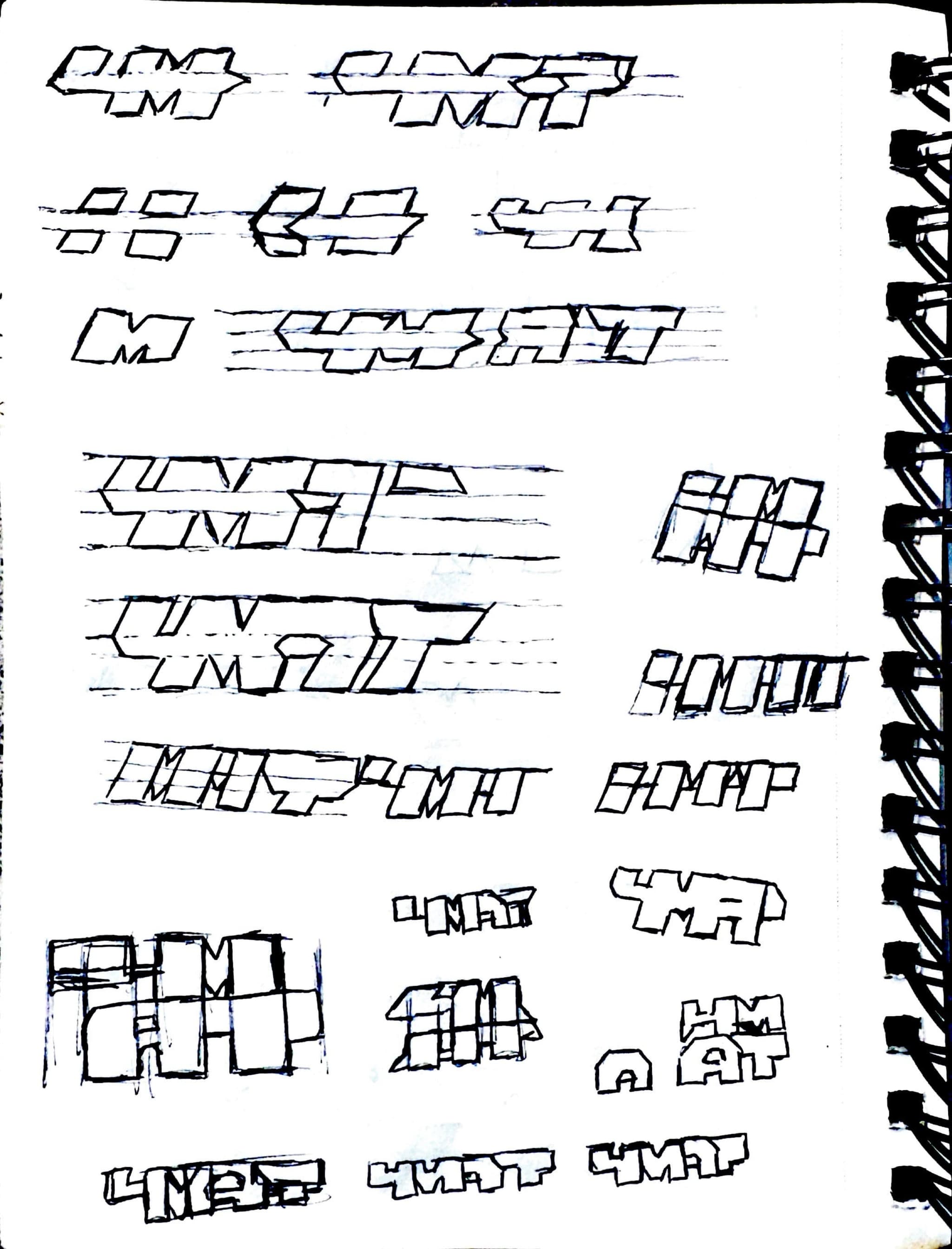 a second page of studies, the letters drawn on ruled lines and sheared into italics