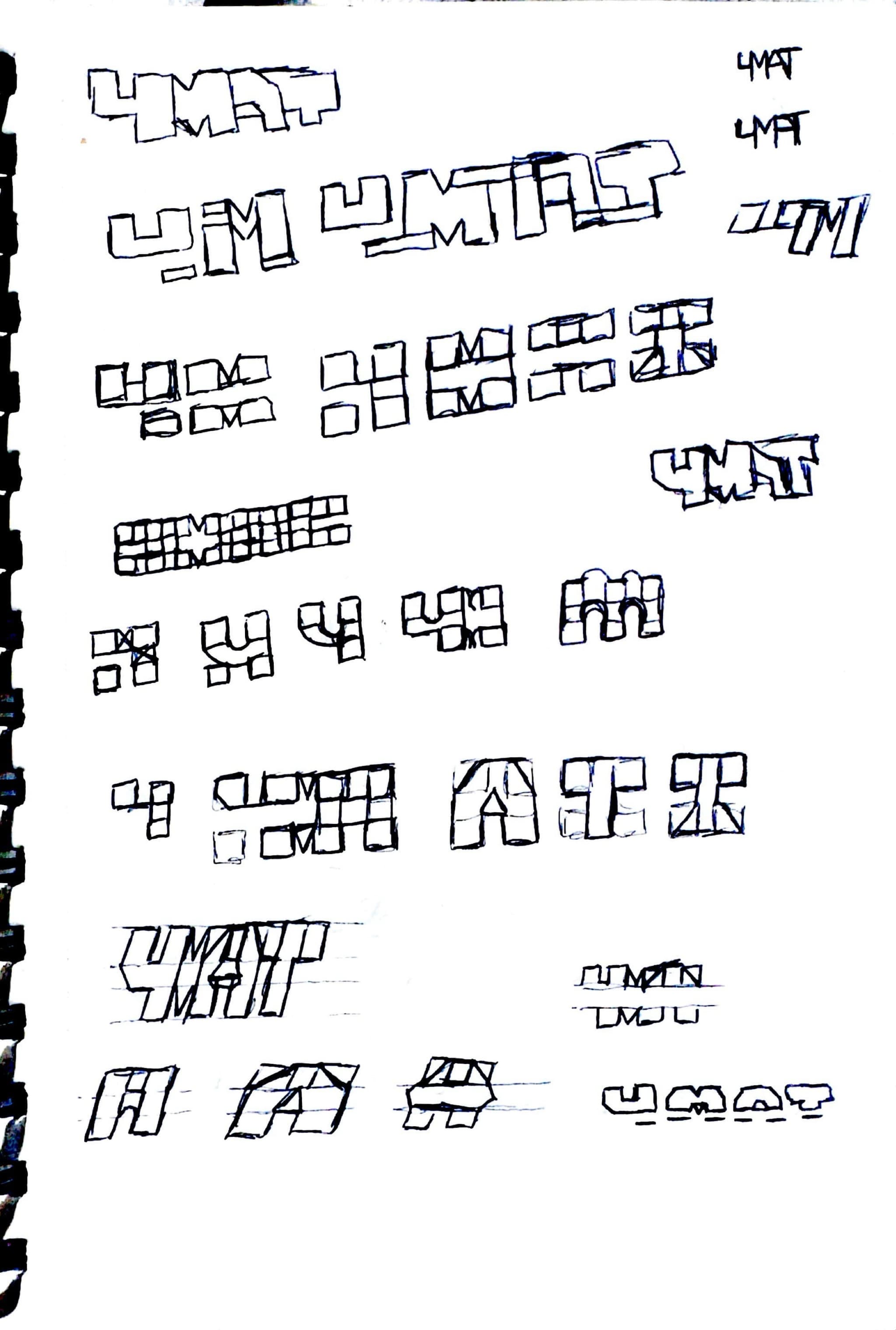 a third page working the letters down onto a square grid, with single-letter studies of the 4, M, A and T