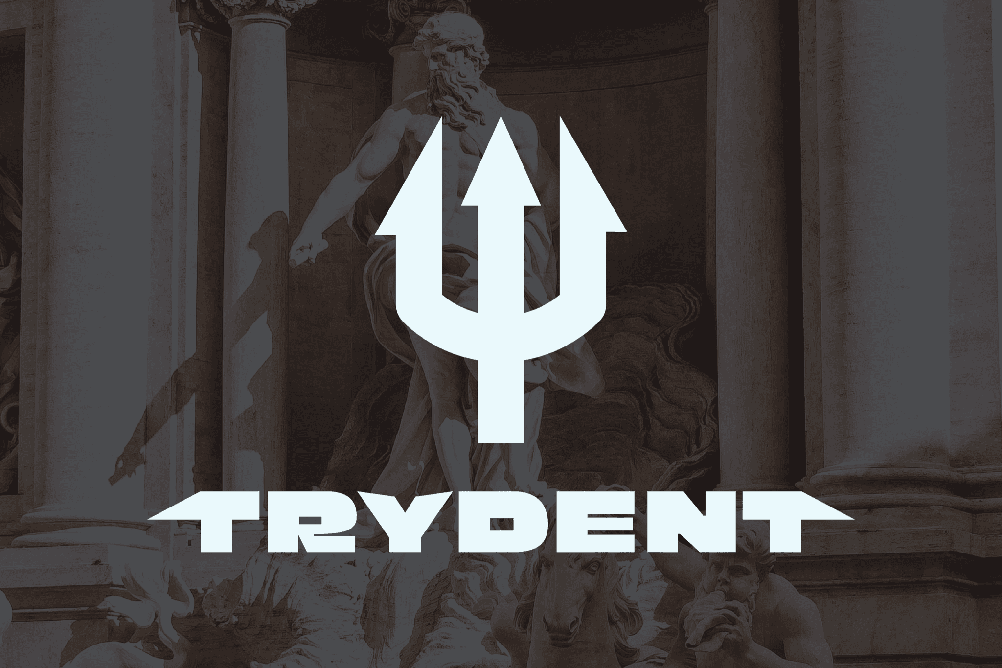 trident wordmark over fountain