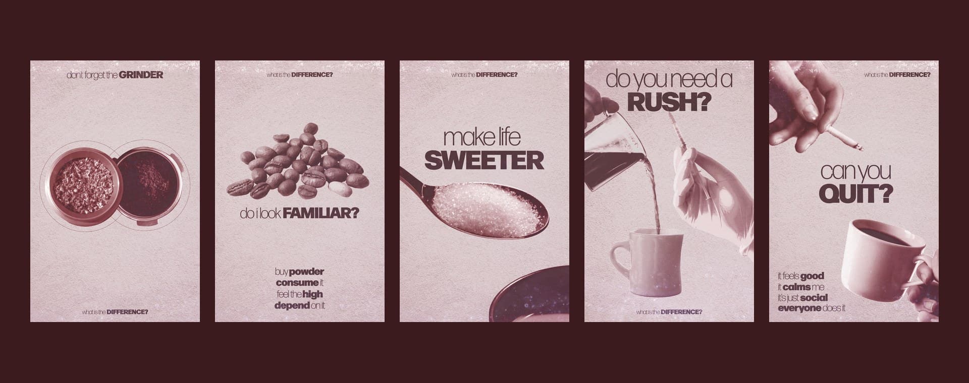 the five posters of the series in a row, light printed paper on a dark ground