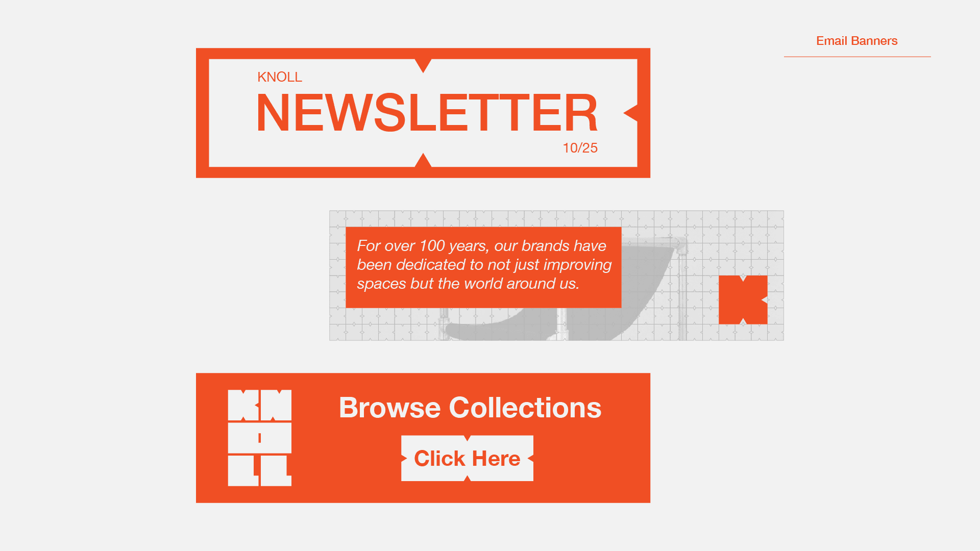 three email banners: a newsletter header, a quote banner over furniture, and a Browse Collections call to action