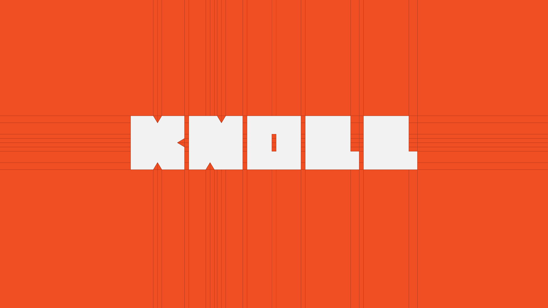 the KNOLL wordmark in off-white on Knoll orange, with the construction grid it was drawn on showing through