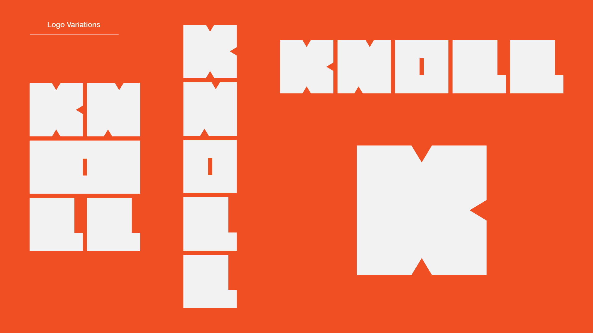 logo variations: the wordmark set vertically, in a single row, in a two-column stack, and as the standalone K