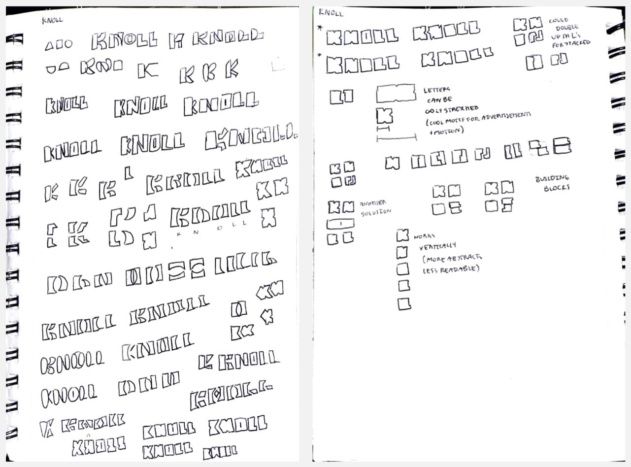 two sketchbook pages of hand-drawn KNOLL logotype studies, the right page annotated with notes about stacking, vertical arrangement and building blocks