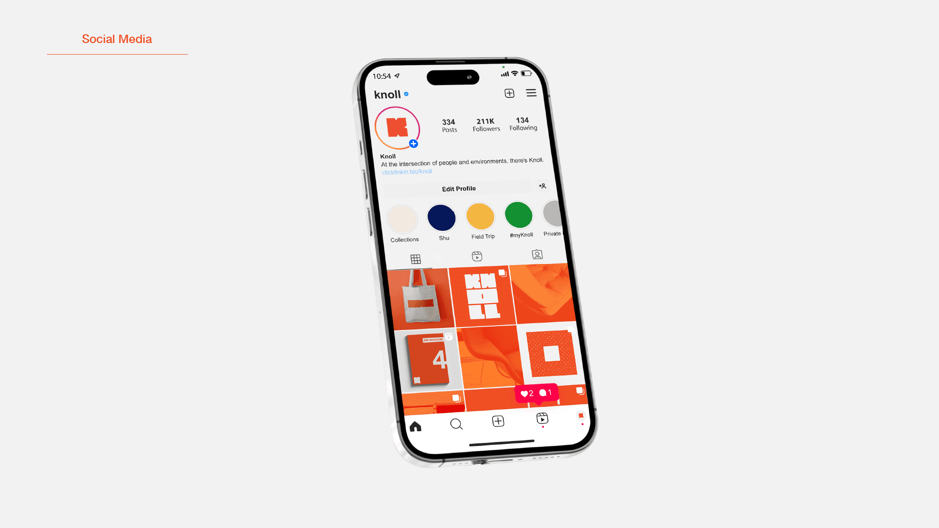 an Instagram profile mockup for Knoll, the K mark as the avatar and the notch pattern running through the grid of posts