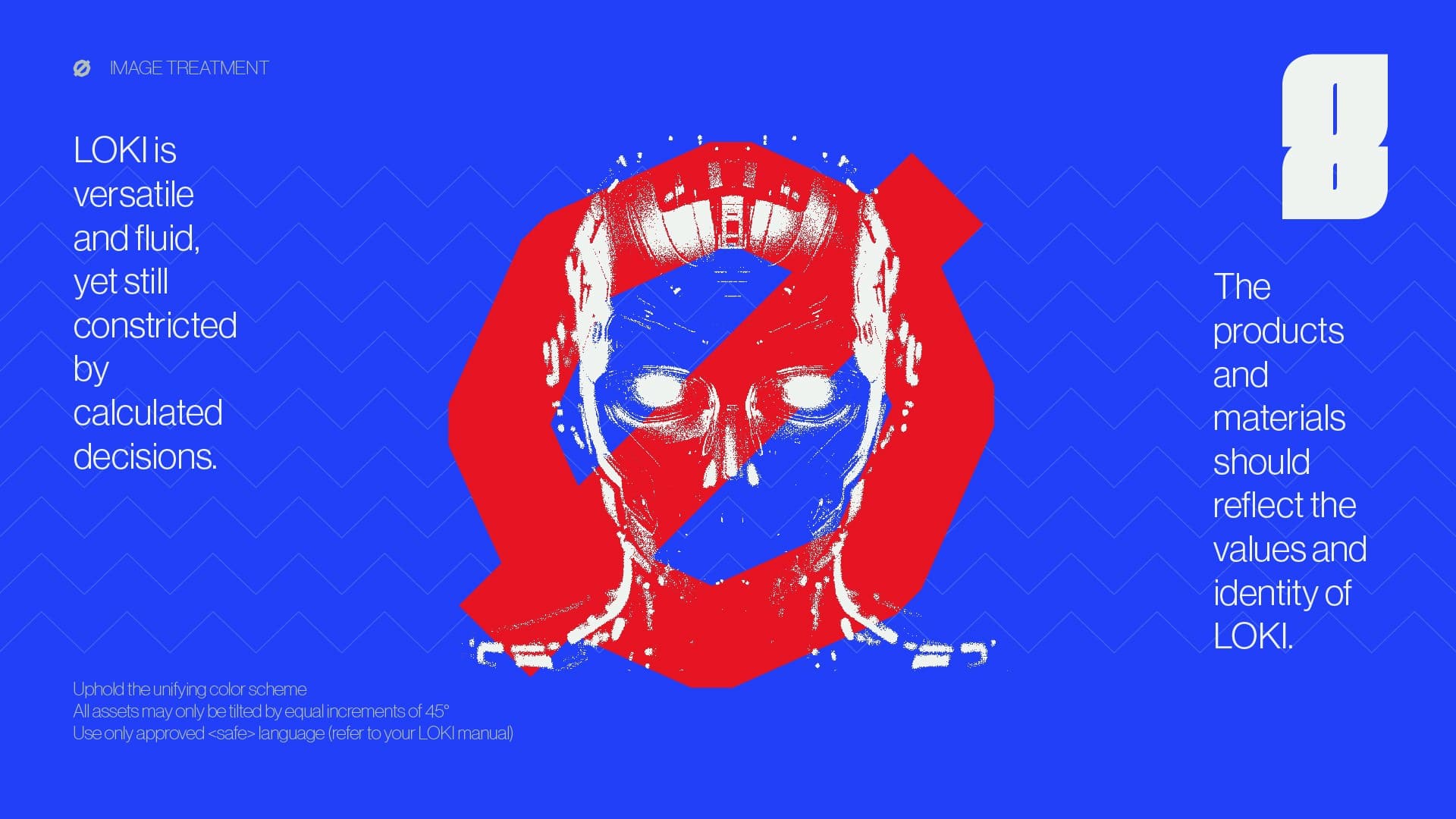 the image treatment plate, a threshold-processed face in red and blue with the slashed mark laid over it