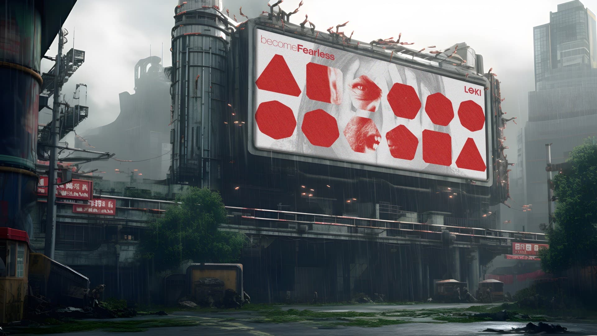 the become fearless poster on a large billboard above a rain-soaked industrial street