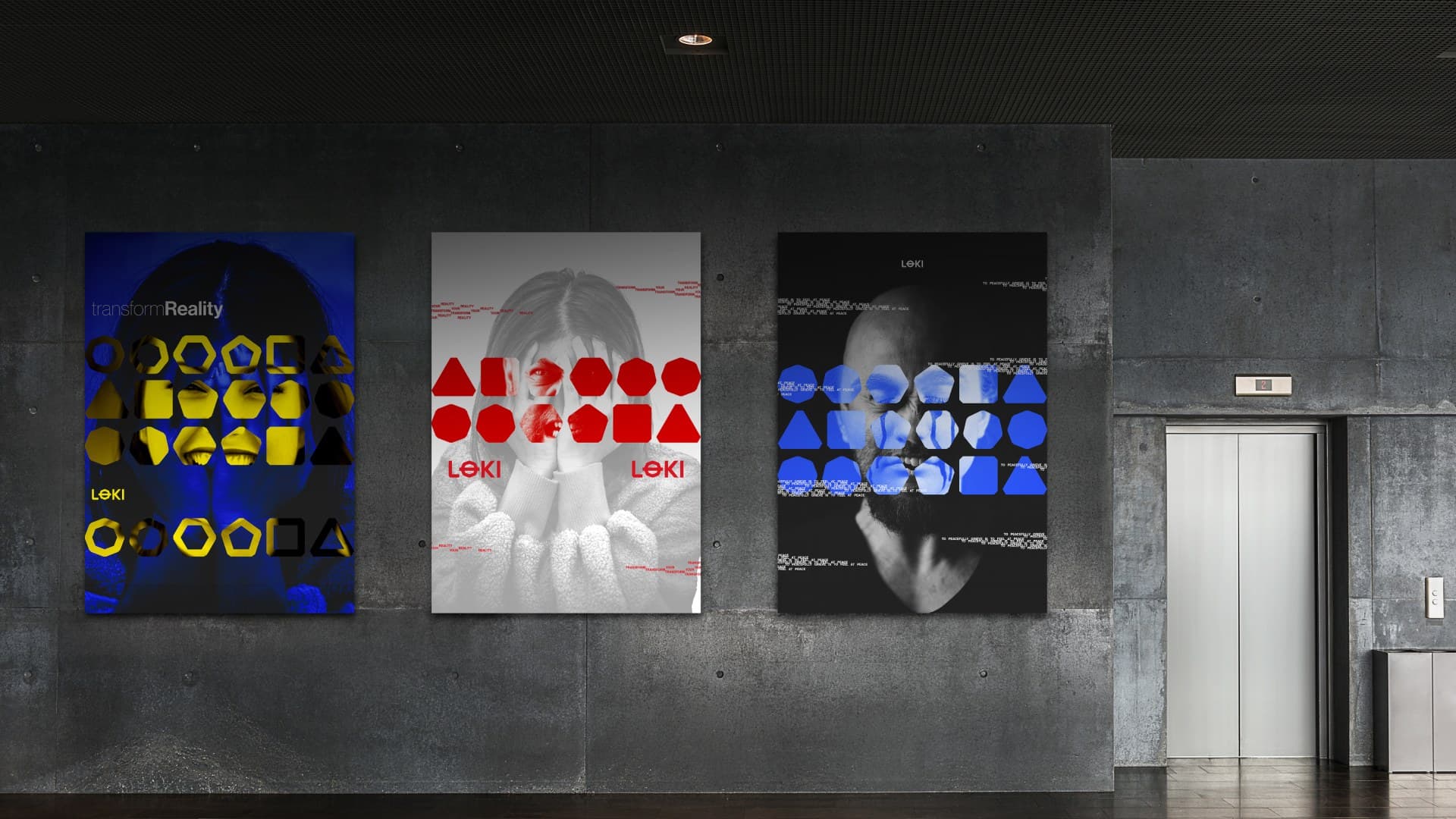 all three posters mounted together on a concrete wall in a lobby beside a lift