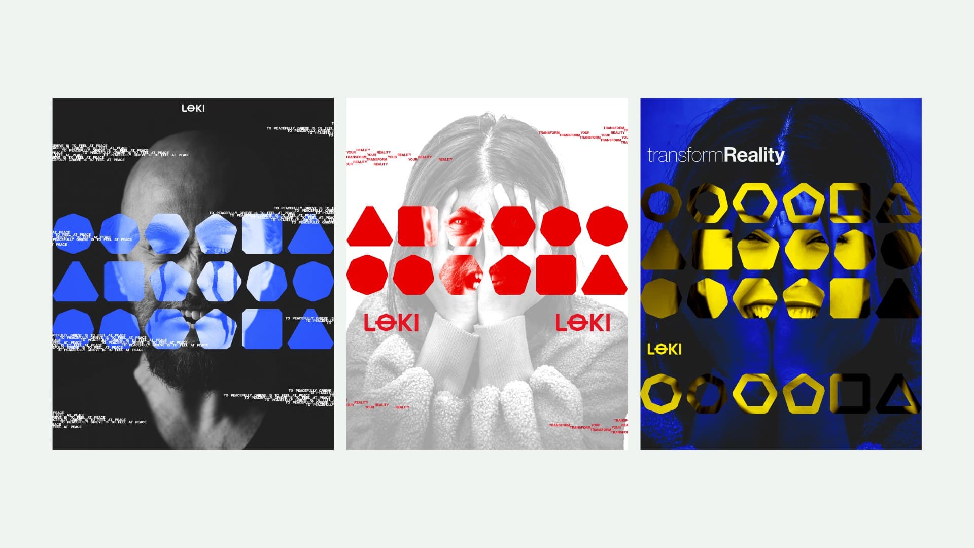 three posters side by side, a man in blue on black, a woman with her hands over her face in red on white, and a woman in yellow on blue