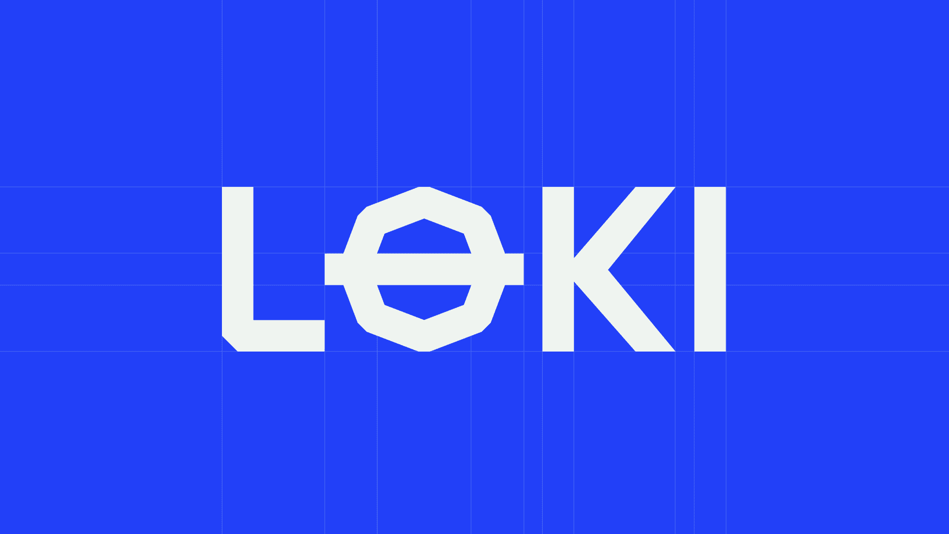 the LOKI wordmark in white on blue with its construction grid showing faintly behind it