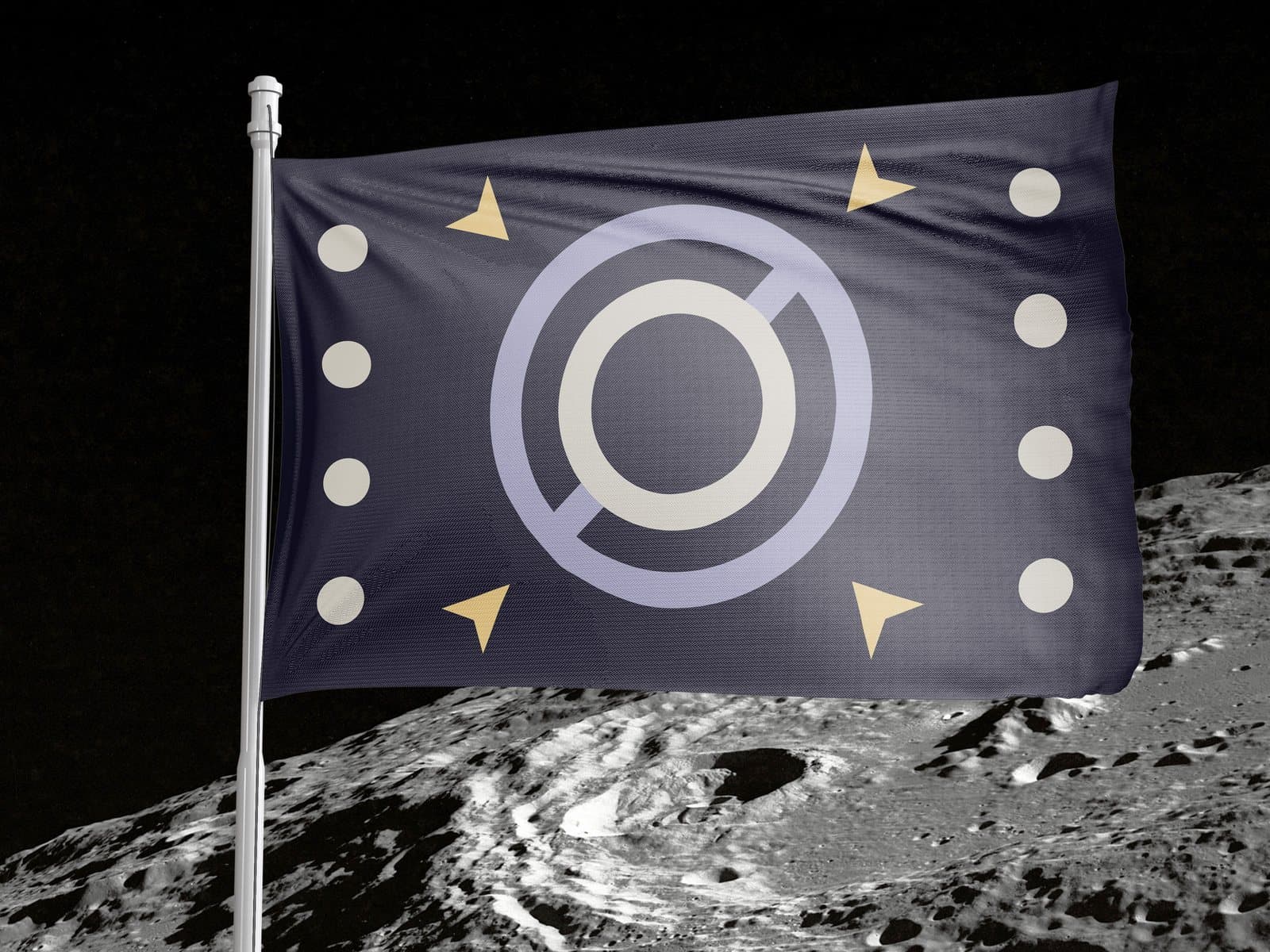 the flag flying from a pole above a cratered lunar horizon