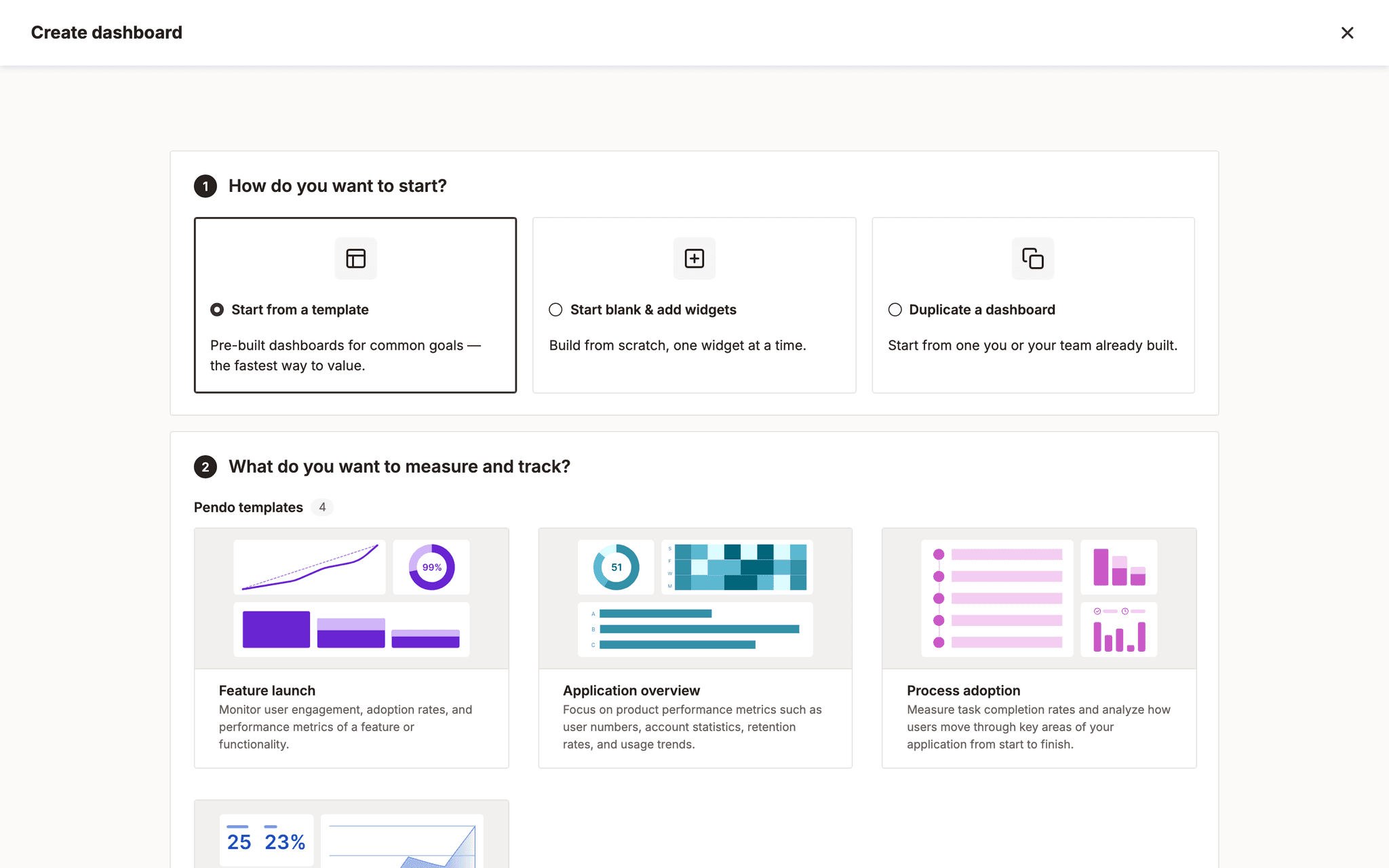 The converged create flow as built: three ways to start, then a question about what to measure, with real template cards