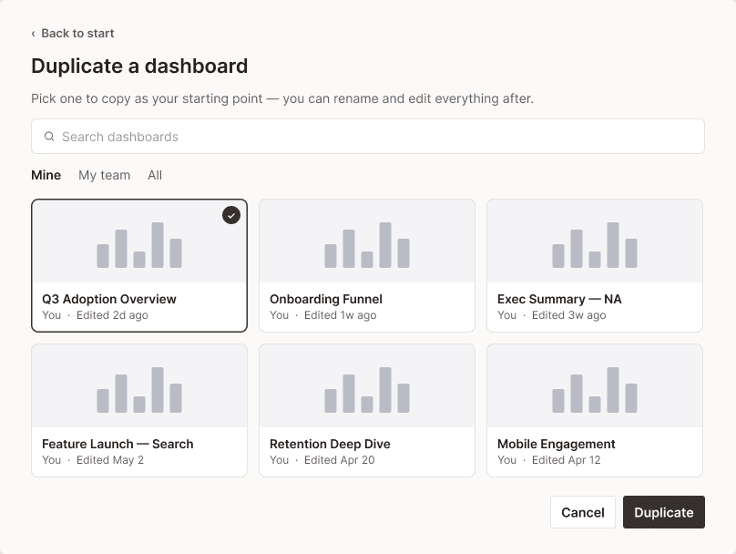 The duplicate flow redesigned as a picker step, surfacing existing dashboards to copy from