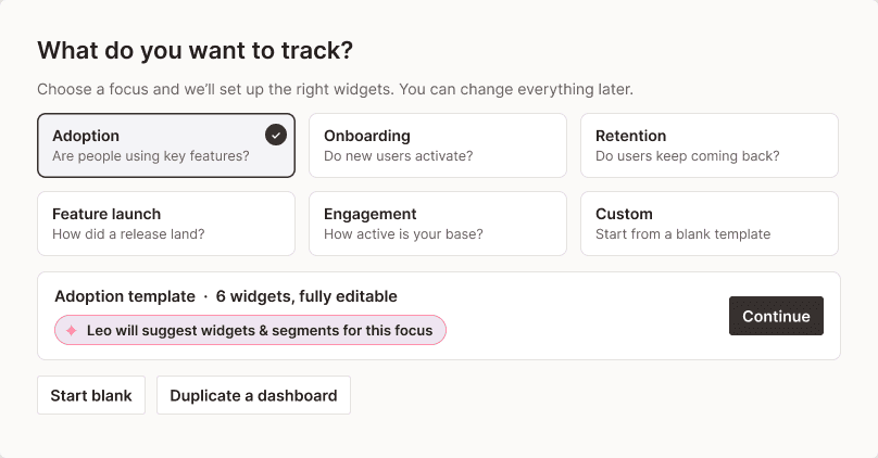 Direction two, a wizard asking what the user wants to measure before showing any widgets