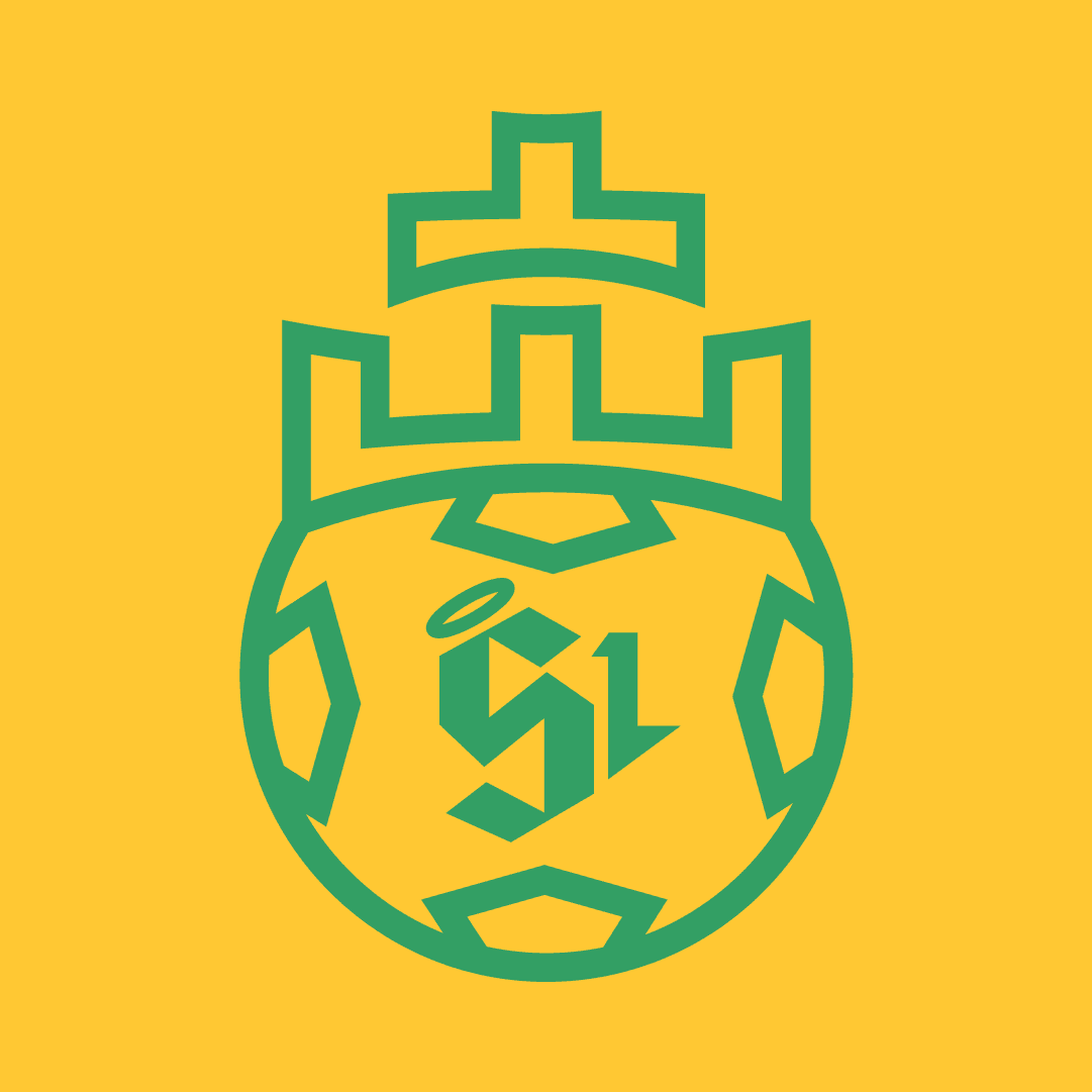 the primary crest, a crowned football drawn in green outline on gold with the SL monogram at its centre