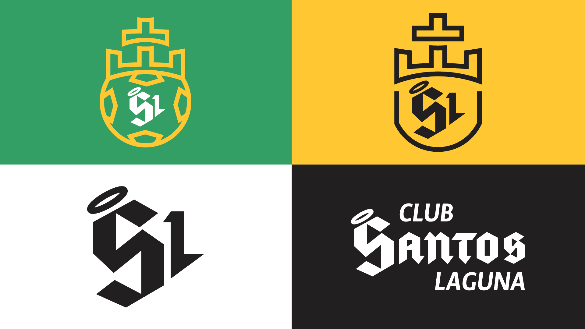 the crest and lockup across four grounds: gold on green, black on gold, black on white, and white on near black