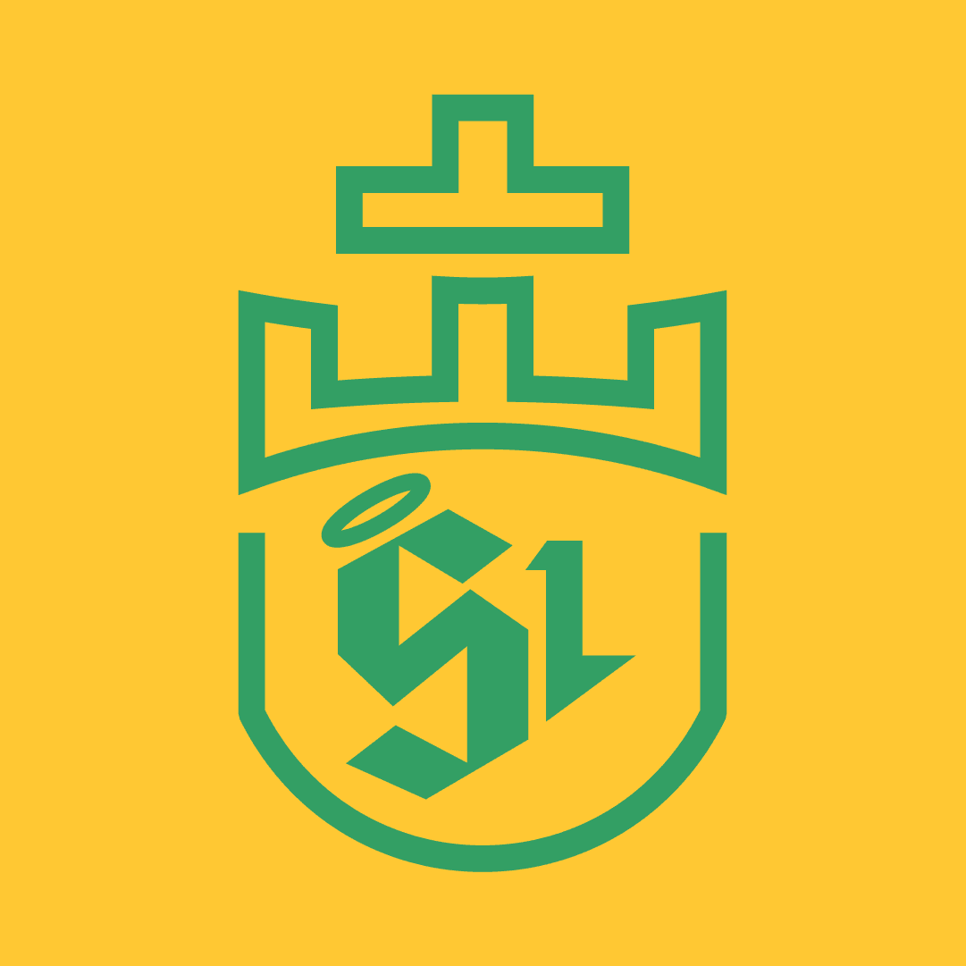 the secondary crest, the same crown over a plain shield in green outline on gold, the monogram inside it