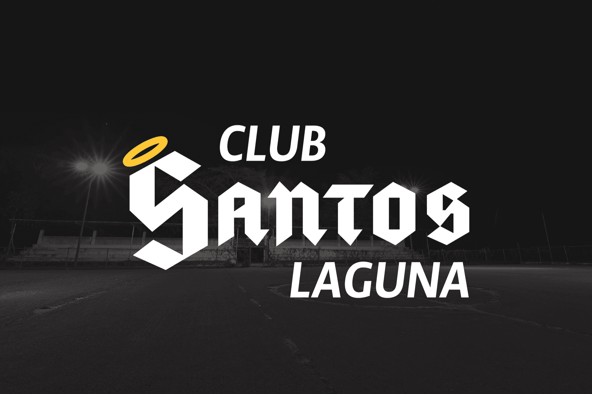 the reworked Club Santos Laguna wordmark in white over a dark photograph of an empty floodlit pitch, with a gold halo over the S
