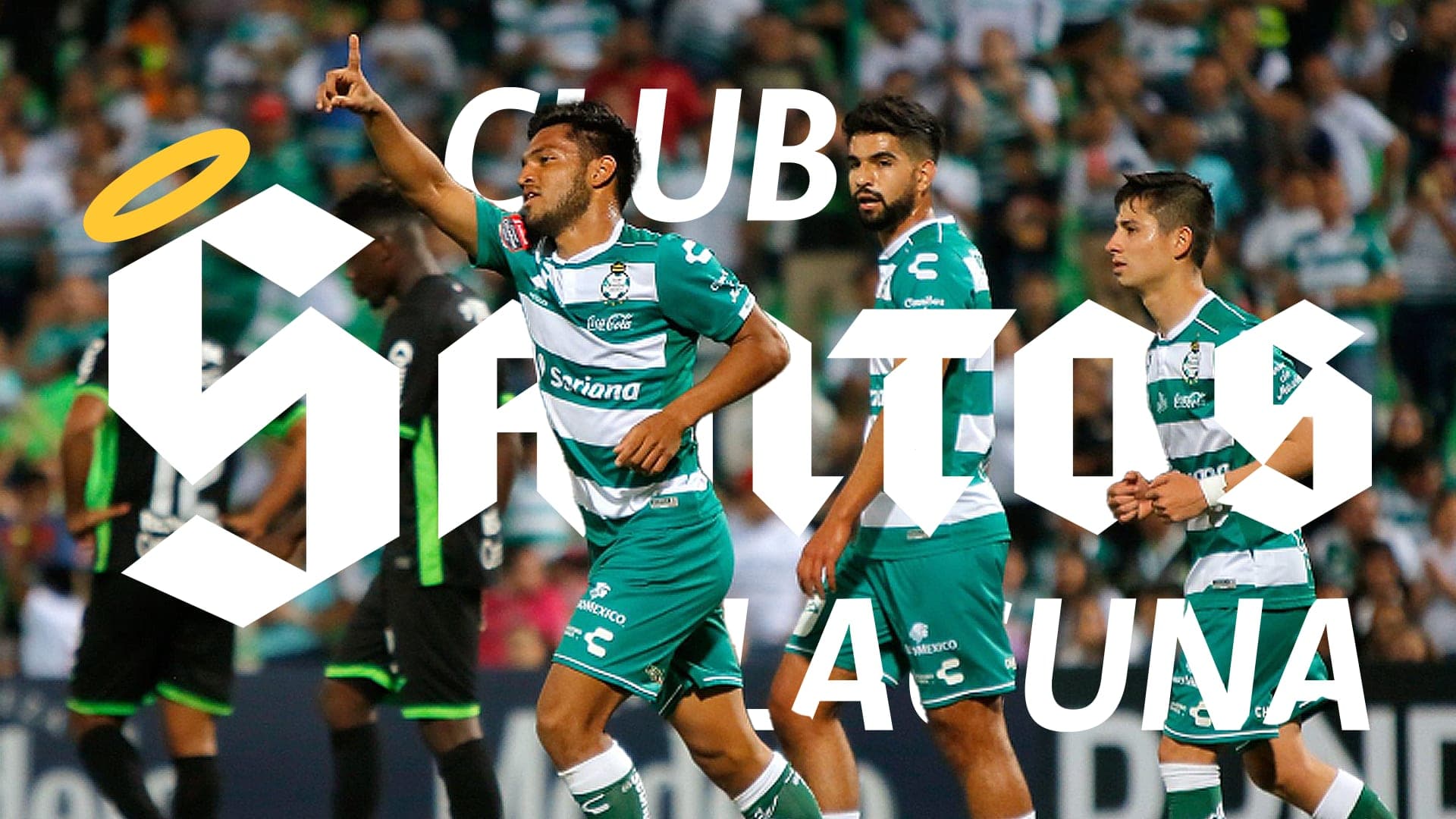 the lockup laid over a match photograph of Santos players celebrating, the wordmark knocked out in white across the frame