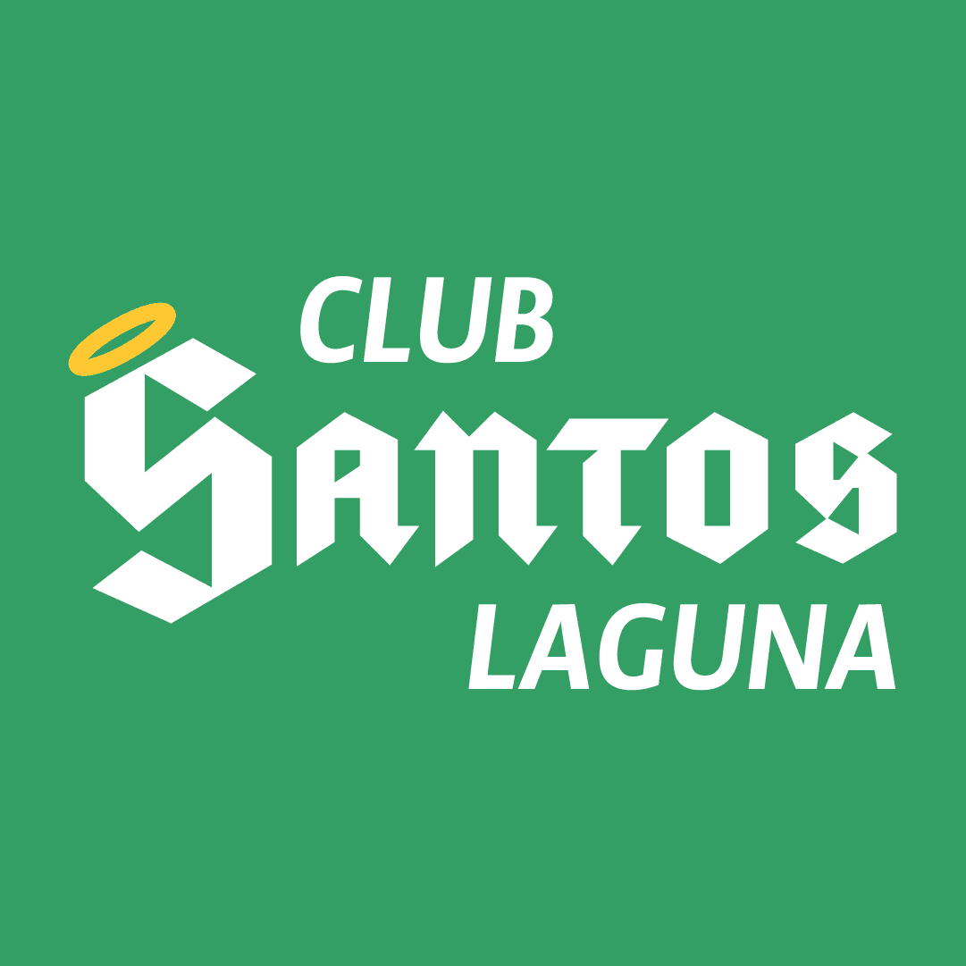 the full lockup reading CLUB SANTOS LAGUNA in white on green, SANTOS in the faceted blackletter with the halo over its S